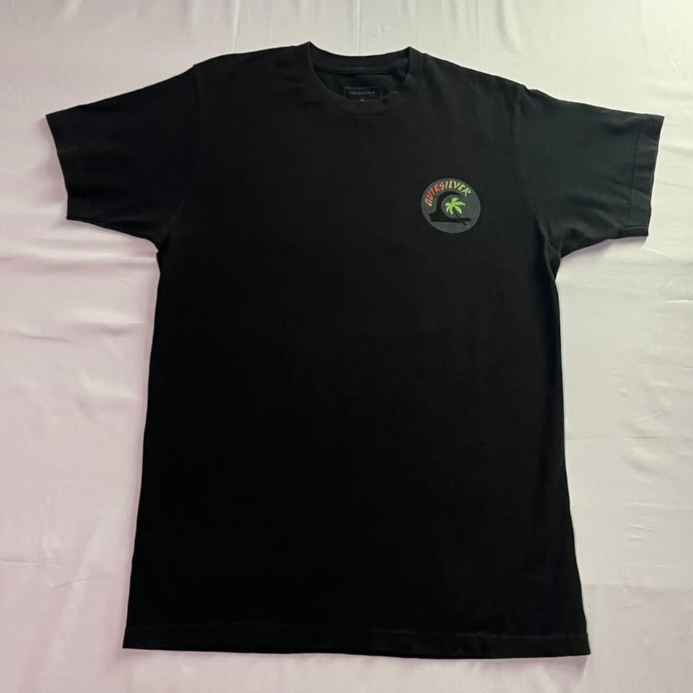 Quiksilver Shirt Mens M Black Palm Tree Wave Graphic Crew Neck Cotton Logo